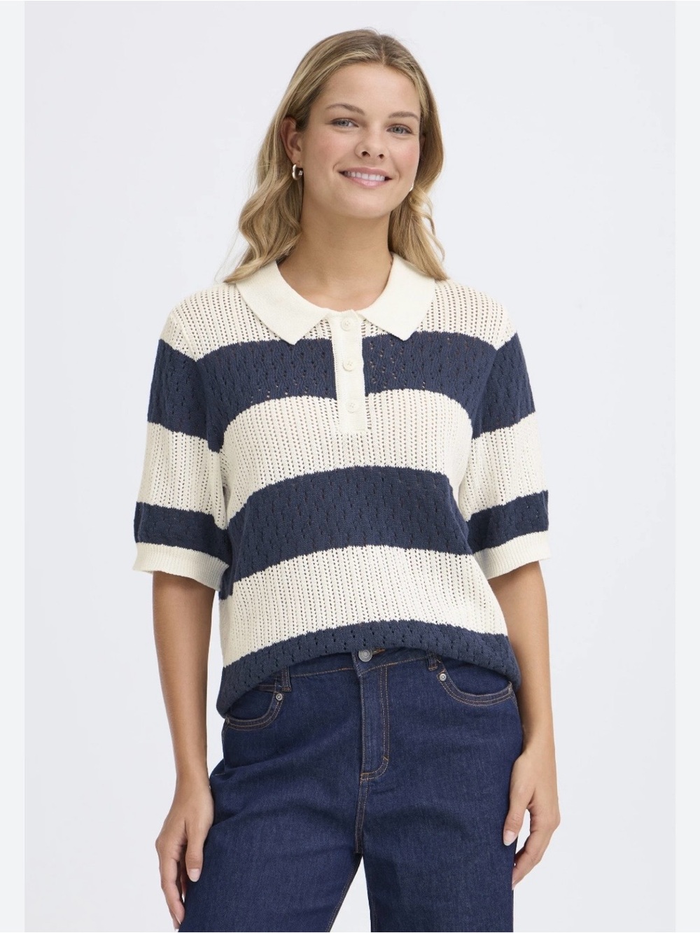 Fransa Medium Striped Short-Sleeve Polo Sweater - Navy & Cream